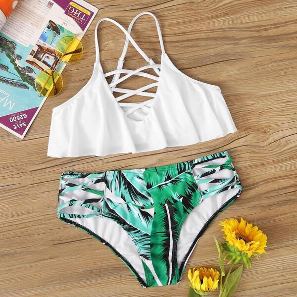

Criss Cross Floaty Top With Tropical Bikini Set