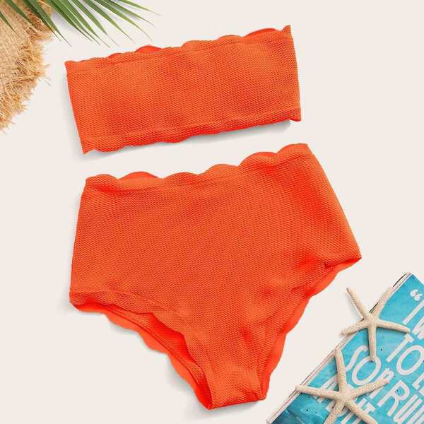 

Textured Lace-up Bandeau With High Waist Bikini Set