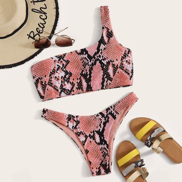 

Snakeskin One Shoulder Top With High Cut Bikini Set, Pink