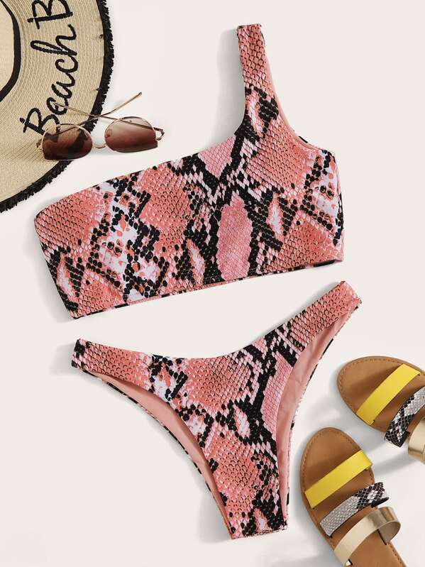 

Snakeskin One Shoulder Top With High Cut Bikini Set, Pink