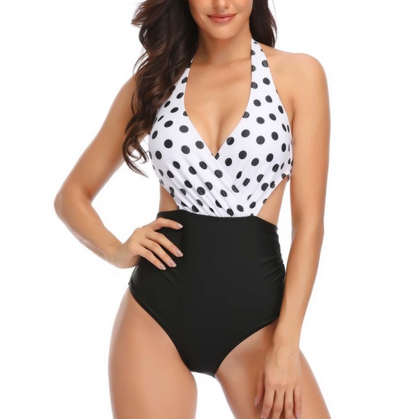 

Dot Print Ruched Twist Halter Monokini, Black and white