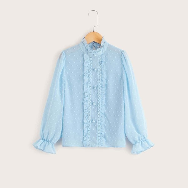 

Mock Neck Frill Detail Jacquard Chiffon Top, Blue pastel
