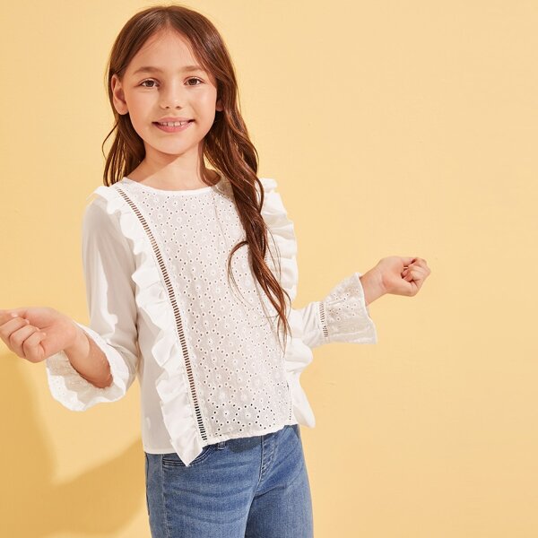 

Girls Ruffle Trim Eyelet Embroidery Panel Front Top, White