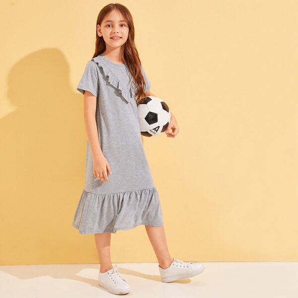 

Girls Frilled Trim Flounce Hem Tee Dress, Grey