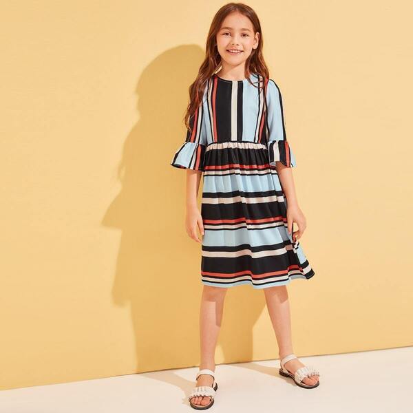 

Girls Flounce Sleeve Striped Dress, Multicolor