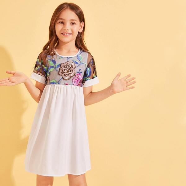 

Girls Embroidery Mesh Overlay Bodice Dress