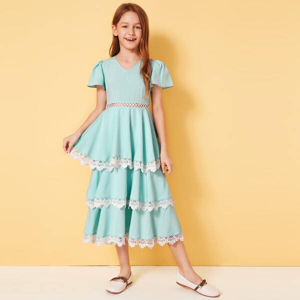 

Girls Flutter Sleeve Lace Trim Layered Dress, Green