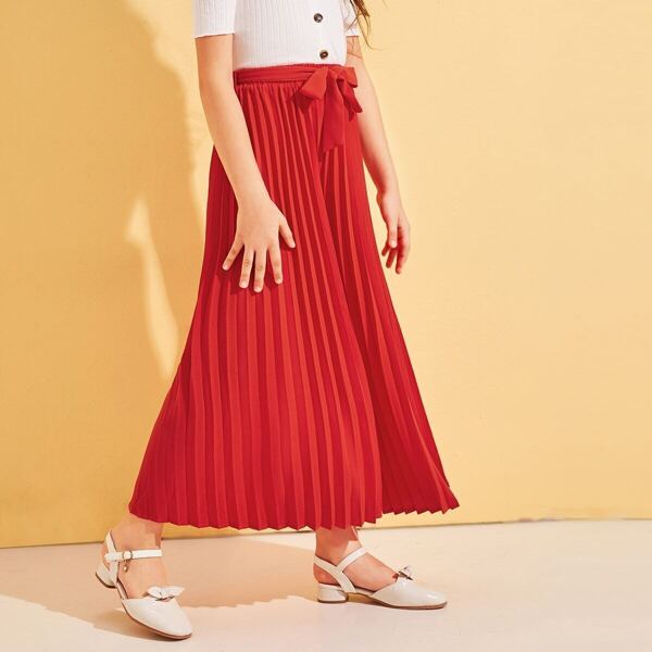 

Girls Self Belted Pleated Wide Leg Pants, Red bright