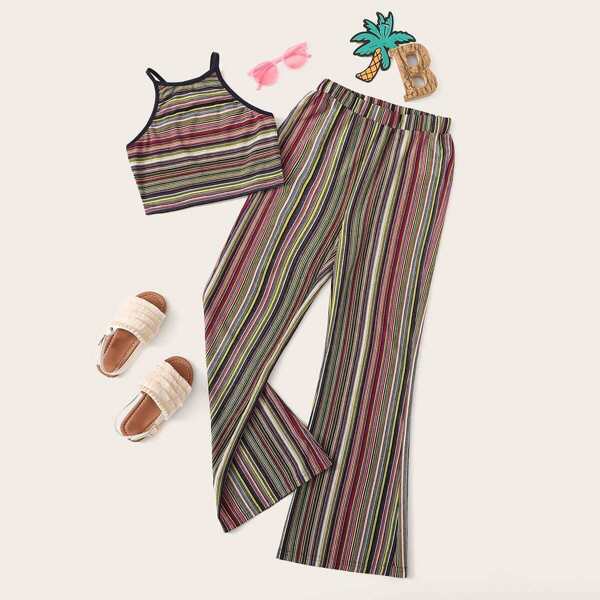 

Girls Contrast Binding Striped Cami Top and Pants Set