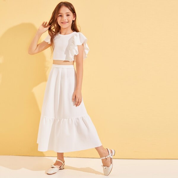 

Girls Asymmetrical Sleeve Crop Top & Ruffle Hem Skirt Set, White