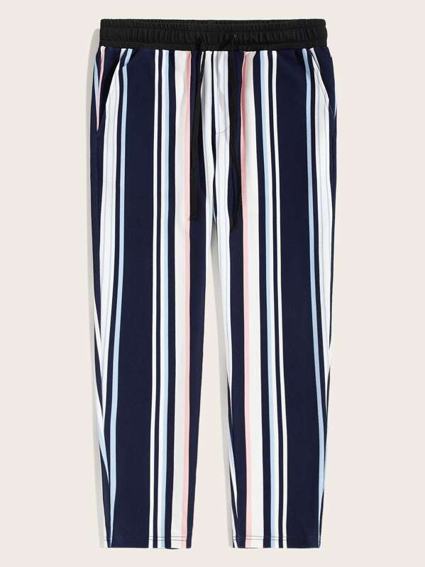

Men Drawstring Waist Slant Pocket Striped Pants, Multicolor