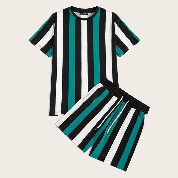 

Men Striped Top and Slant Pocket Shorts Set, Multicolor