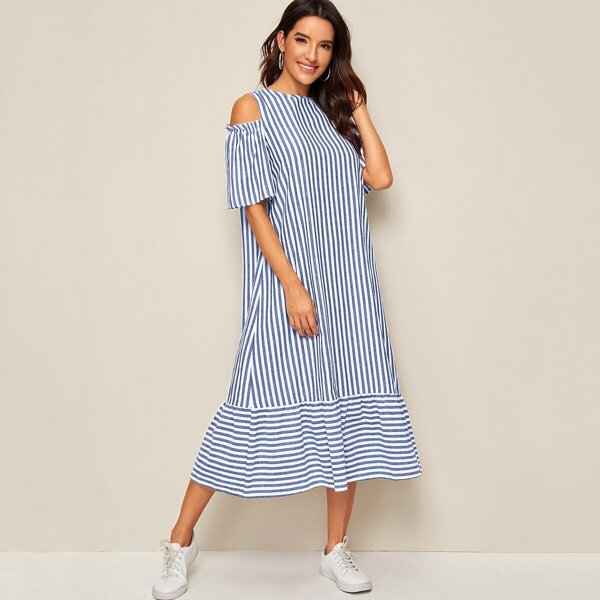 

Cold Shoulder Flounce Hem Striped Dress, Blue