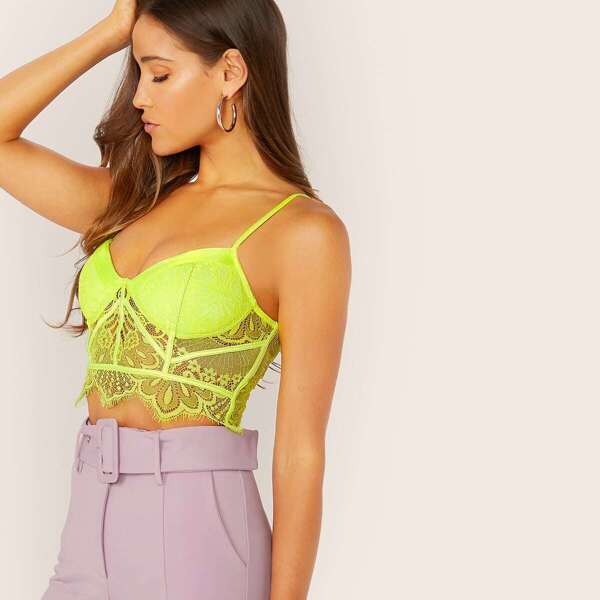 

Neon Lime Eyelash Lace Hem Zip Back Bustier Top