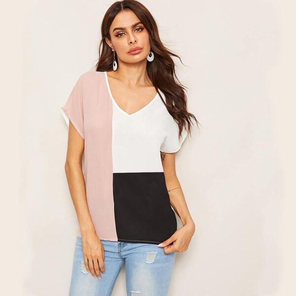 

V-neck Cut-and-sew Cap Sleeve Top