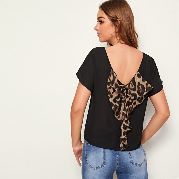 

Leopard Print Ruffle Trim Back Top