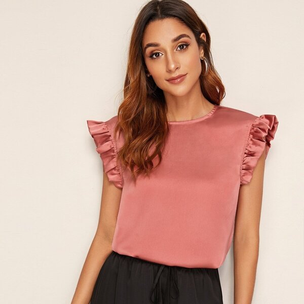 

Ruffle Armhole Satin Top, Pink