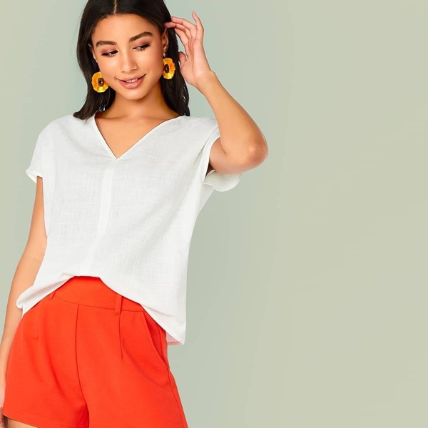 

V-neck Cap Sleeve Textured Top, White