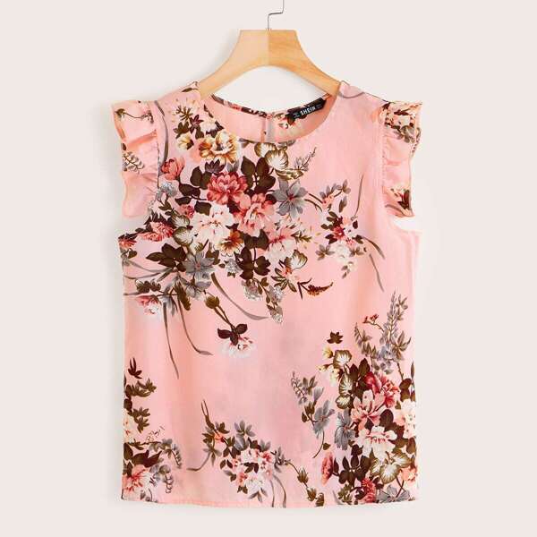 

Plus Ruffle Trim Botanical Print Top