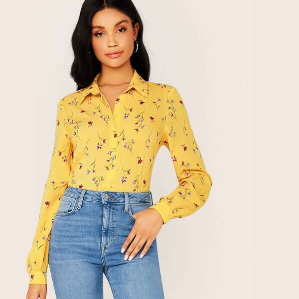 

Floral Print Button Fly Top, Yellow