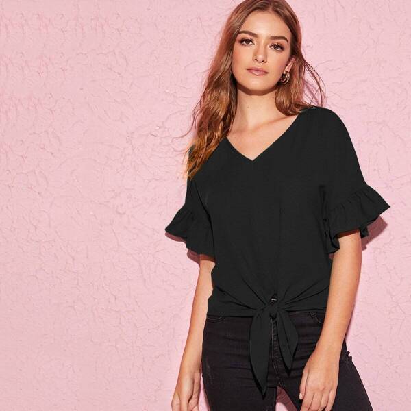 

Flounce Sleeve Tie Hem Solid Top