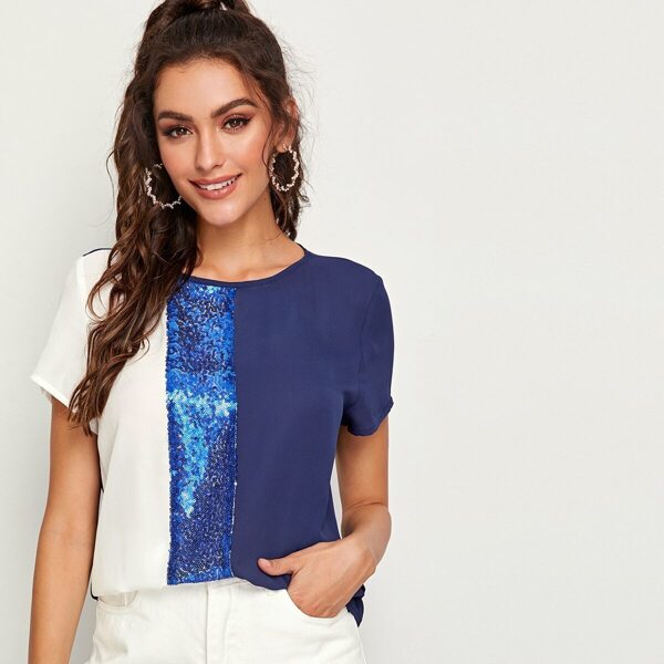 

Cut-and-Sew Sequin Panel Top, Navy