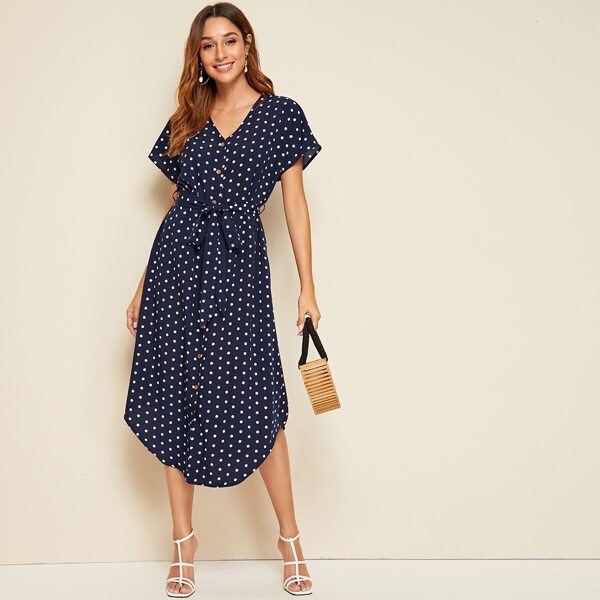 

Single Breasted Self Belted Curved Hem Polka Dot Dress