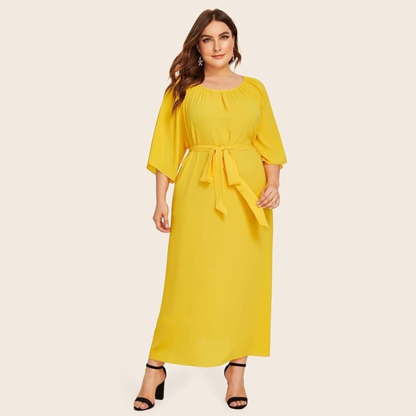 

Plus Solid Ruched Neck Belted Dress