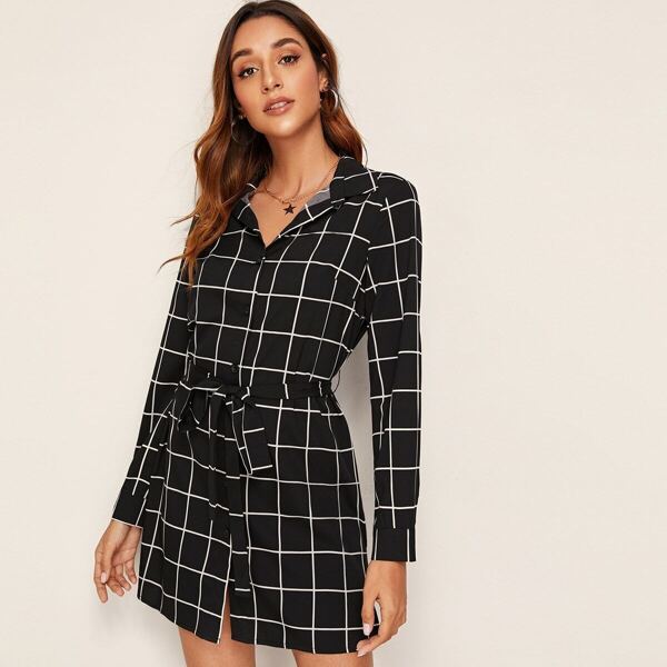 

Grid Button Through Belted Shirt Dress, Black