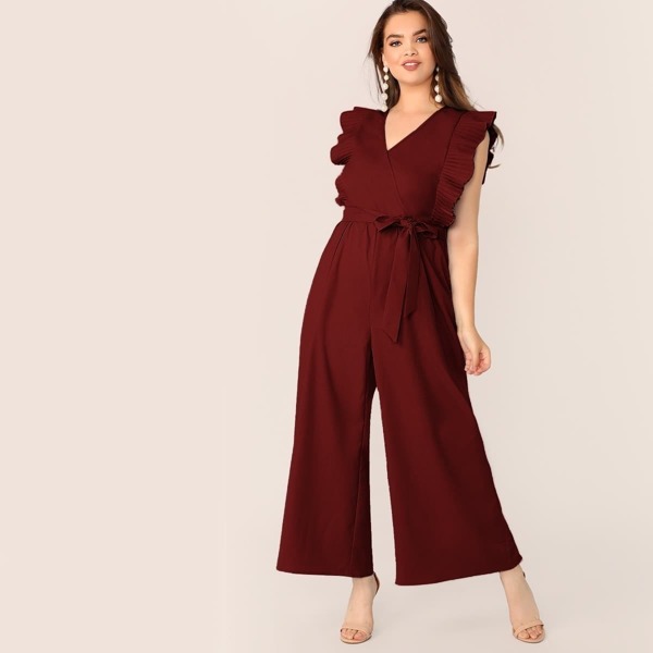 

Plus Surplice Neck Pleated Ruffle Armhole Belted Jumpsuit, Burgundy