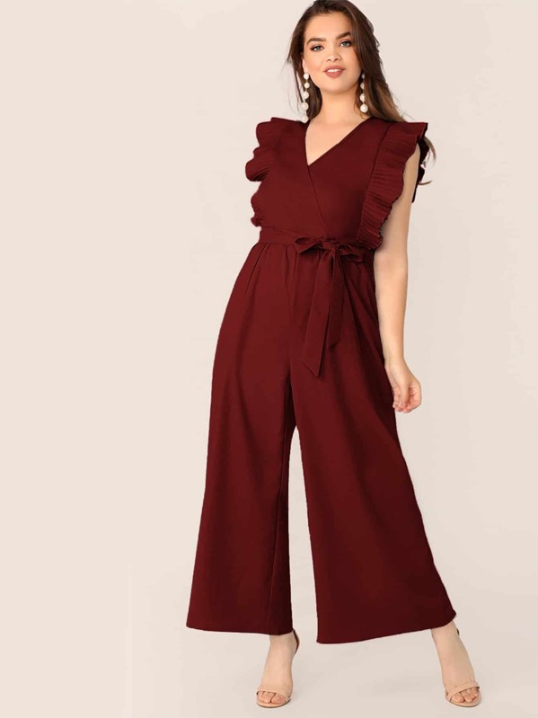

Plus Surplice Neck Pleated Ruffle Armhole Belted Jumpsuit, Burgundy, Faith Bowman