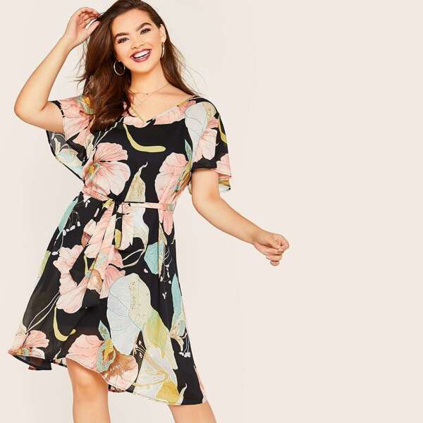 

Plus Plant Print Flutter Sleeve Belted Midi Dress, Multicolor