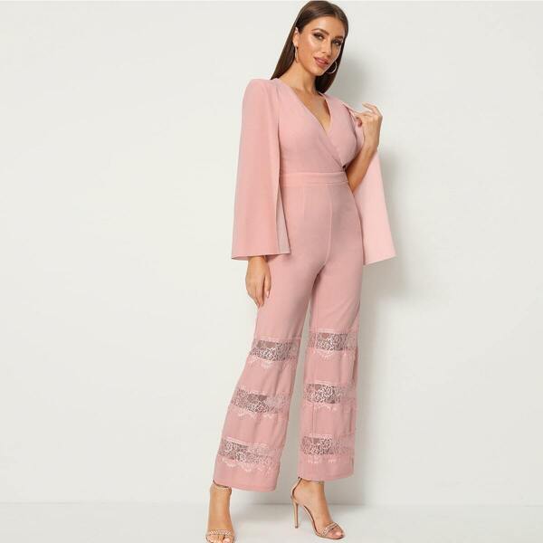 

Surplice Neck Lace Insert Wide Leg Cape Jumpsuit, Pink pastel