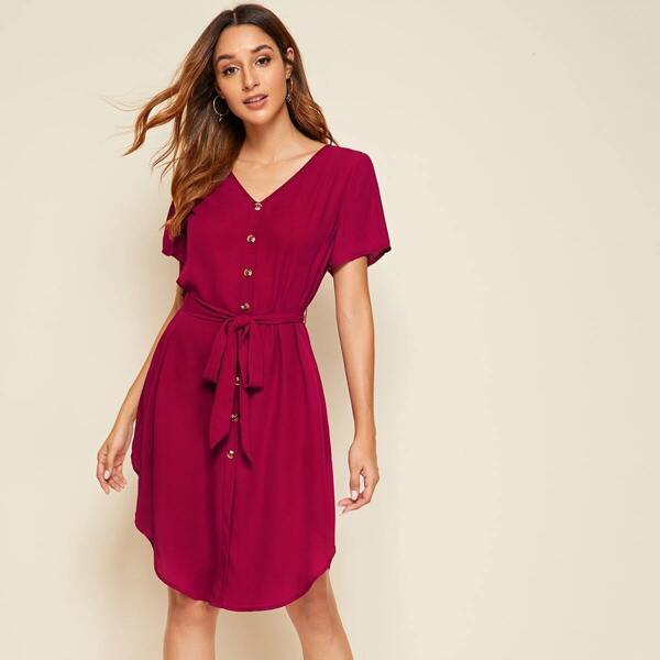 

Single Breasted Self Belted Curved Hem Dress