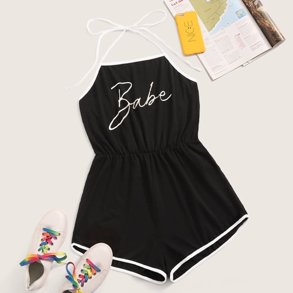

Letter Graphic Self Tie Halter Romper, Black