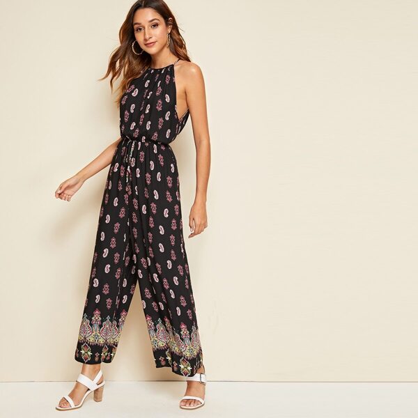 

Cutout Knot Back Drawstring Waist Halter Palazzo Jumpsuit