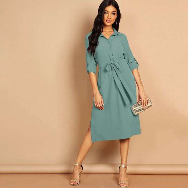 

Rolled Tab Sleeve Slit Side Self Belted Shirt Dress, Blue