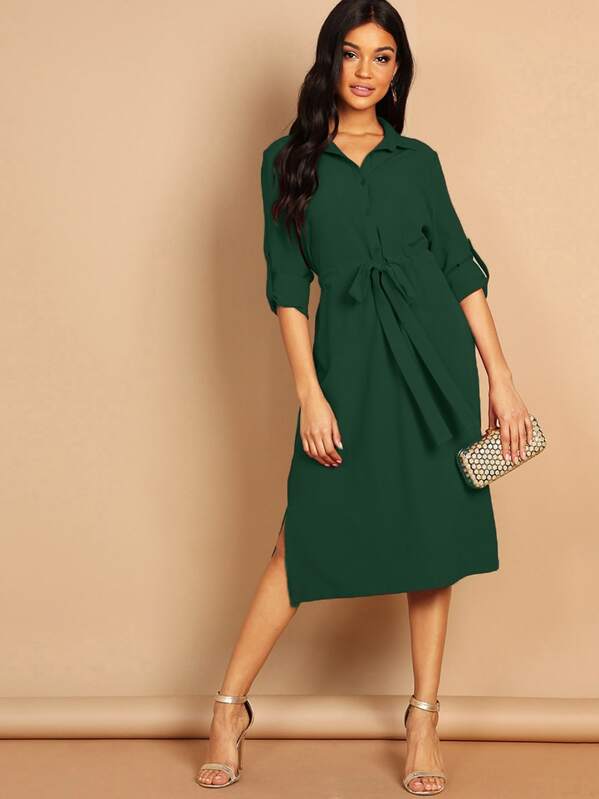 

Roll Up Sleeve Self Belted Split Side Shirt Dress, Green, Juliette