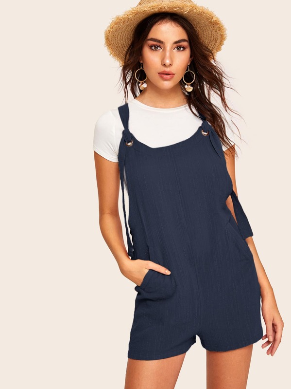 

Grommet Tie Strap Slant Pocket Romper, Navy, MARTINA