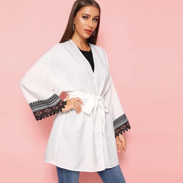 

Pompom Trim Embroidered Tape Belted Kimono, White
