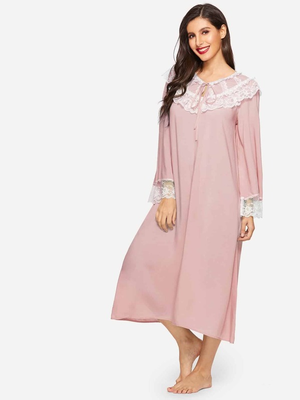 

Tie Neck Contrast Lace Trim Bell Sleeve Nightdress, Pink, Jeane