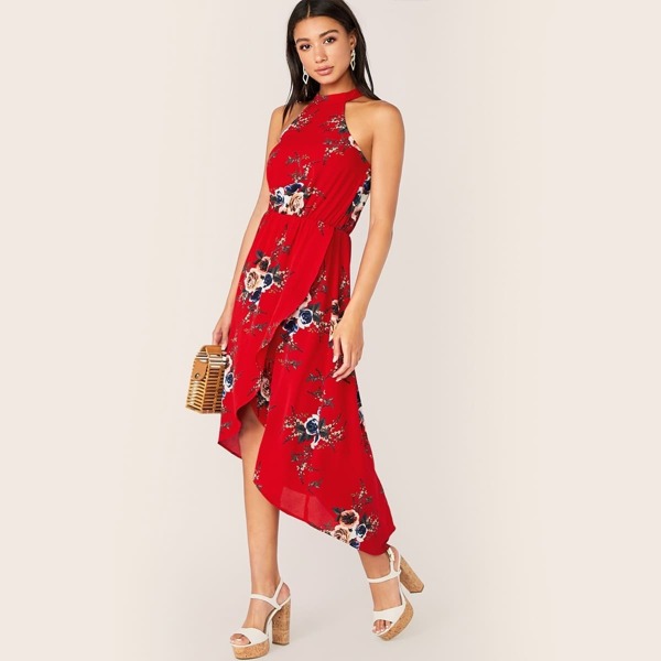 

Floral Print Wrap Asymmetrical Hem Halter Dress, Red bright