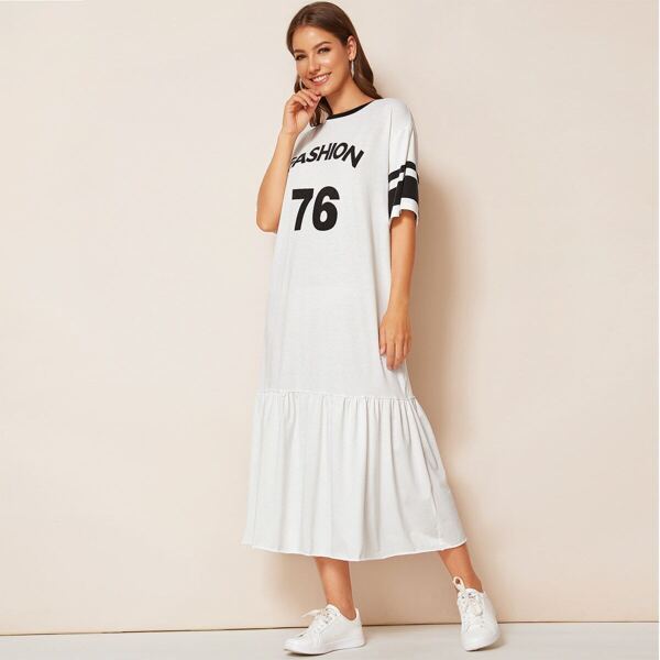 

Contrast Neck Varsity Print Flippy Hem Dress