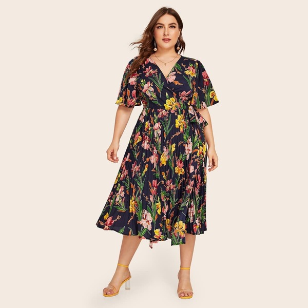 

Plus High Waist Floral Print Wrap Knot Pleated Dress, Navy