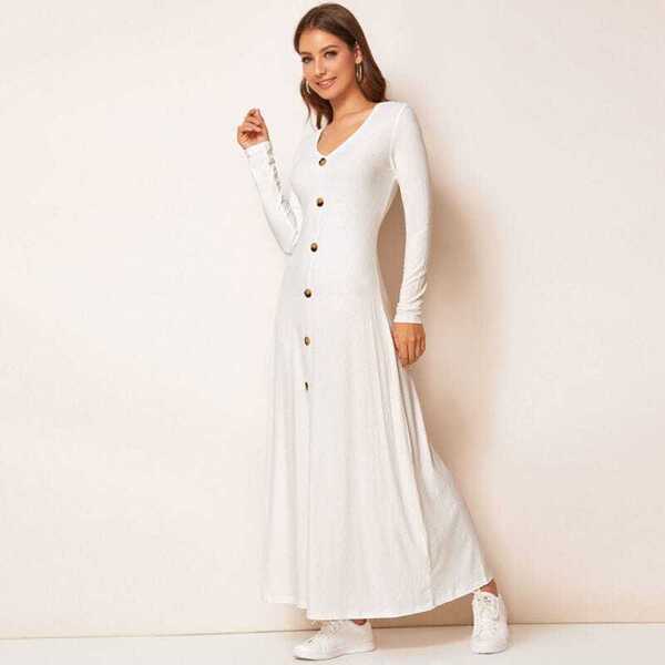 

Button Detail Split Hem Rib-knit Dress