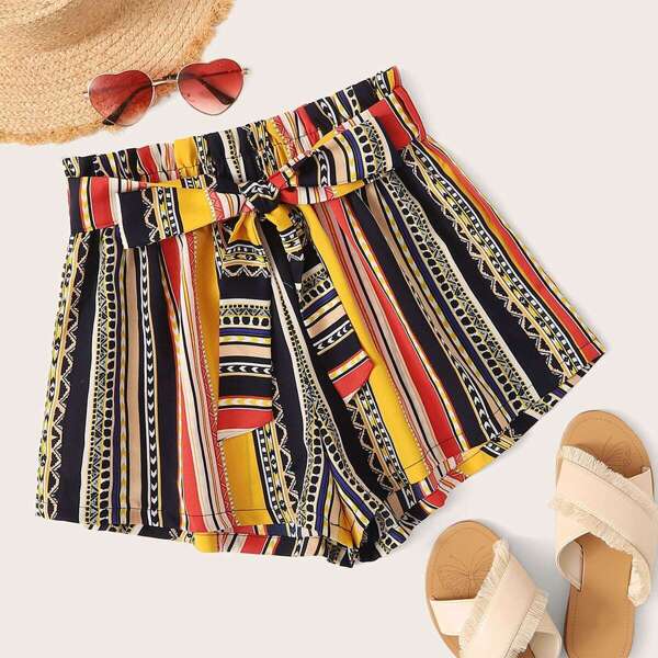 

Aztec Print Paperbag Waist Belted Shorts