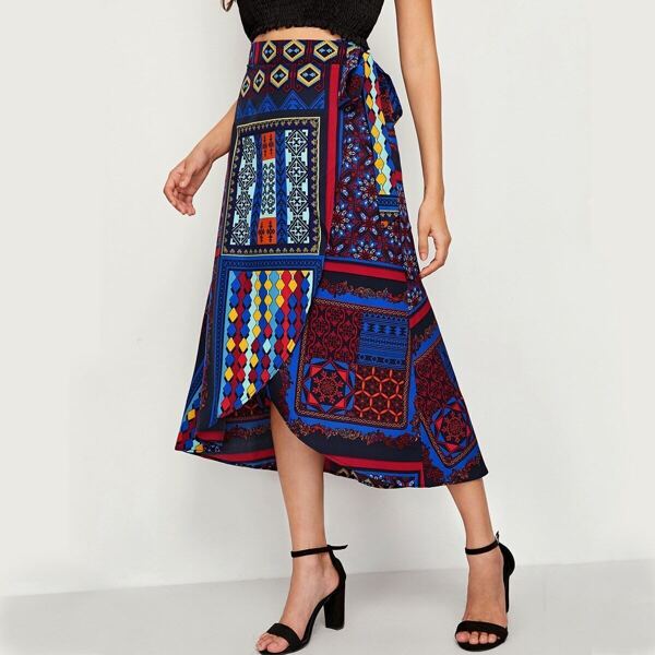 

Scarf Print Wrap Knotted Skirt, Multicolor