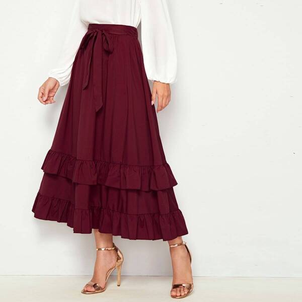

Layered Ruffle Hem Belted Skirt, Burgundy