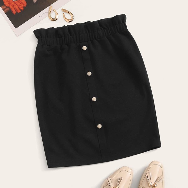 

Button Front Paperbag Waist Pencil Skirt, Black