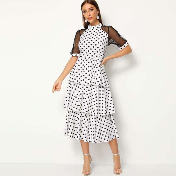 

Mock Neck Mesh Insert Polka Dot Print Layered Ruffle Dress, White
